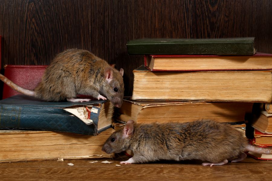 Two brown rats chew on a stack of antique books