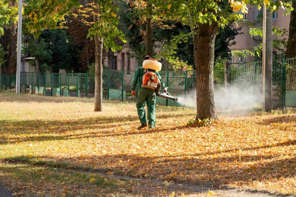 Mosquito control worker sprays pest treatment in the yard.