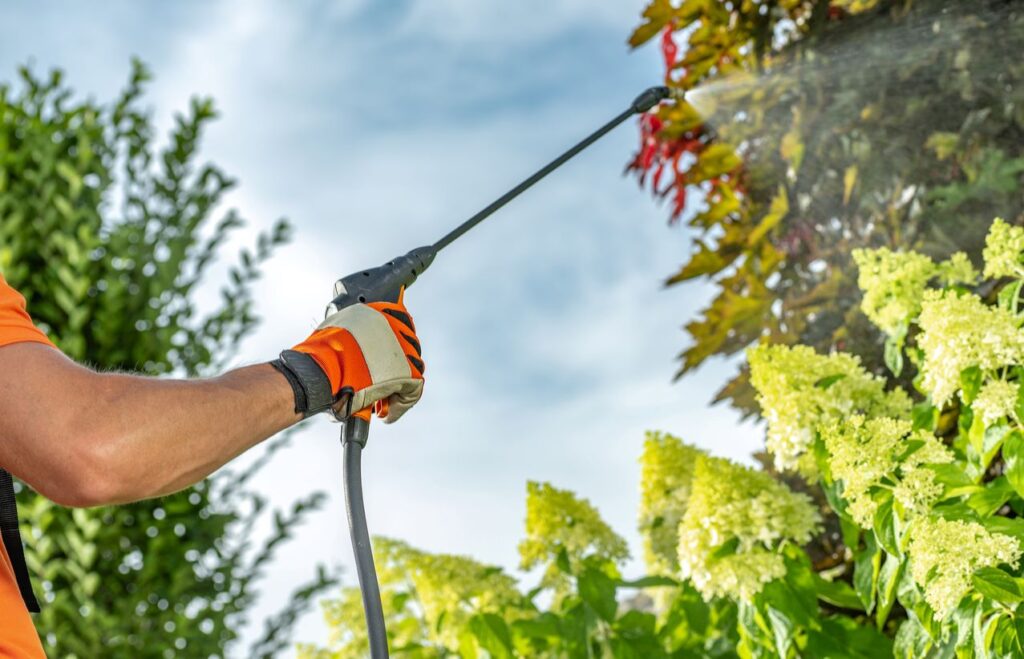 The arm of a pest control professional treating a garden.